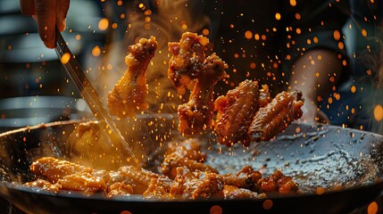 Close up of chicken wings being tossed in a pan with steam and sauce creating a vibrant food scene