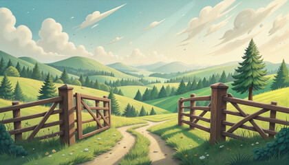 Fototapeta premium Open wooden gates leading to green hills and blue sky