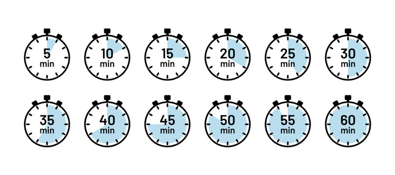 Countdown timer set. Timer symbols isolated. Round clocks with different minutes. Chronometer deadline, stopwatches icons in circle shape. Vector illustration. Cooking indicators in flat design.