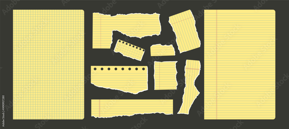 Poster set of torn edges yellow notepad papers. tear journal sheet pieces pack. note uneven texture sticker