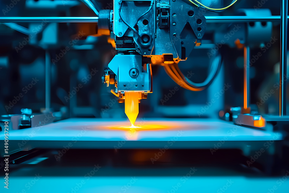 Poster 3d printer creating object layer by layer with laser precision in modern factory