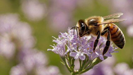 Macro Shot of a Bee on a Purple Petal Flower in a Flower Field Looking for Nectar