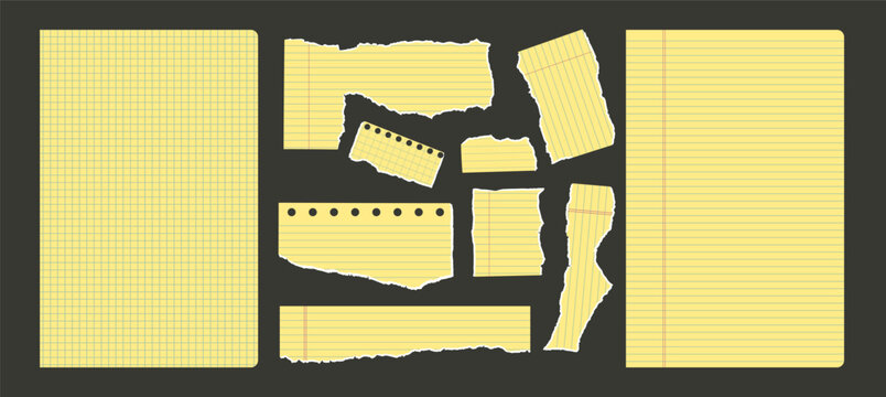 Set of torn edges yellow notepad papers. Tear journal sheet pieces pack. Note uneven texture stickers. Blanks for messages memo. Vector hand drawn collection illustration isolated.