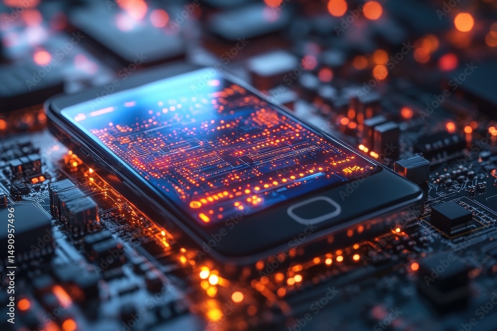 Poster high-tech smartphone resting on a glowing circuit board highlighting modern technology and digital i