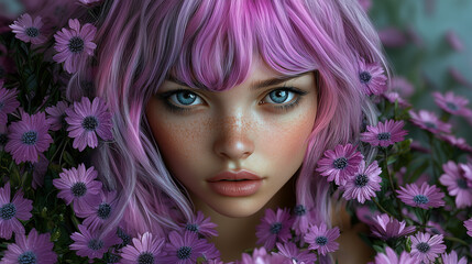 Closeup portrait of a young girl surrounded by violet flowers.
