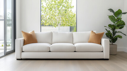 modern white couch with brown accent pillows, placed in bright room with large windows and greenery, creates serene atmosphere