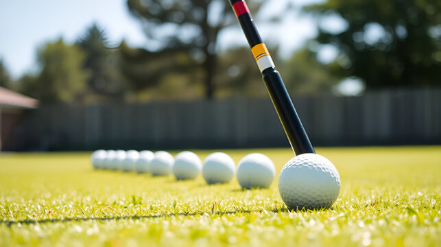 Baseball bat poised to hit a  of golf balls lined up on the grass, bright summer day