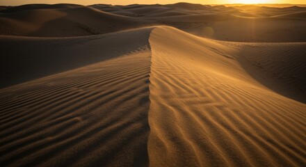 Naklejka premium Golden Hour at the Desert , Serene Sand Dunes Landscape at Sunset