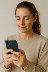 Young woman focused on her smartphone in a neutral-toned room during daytime