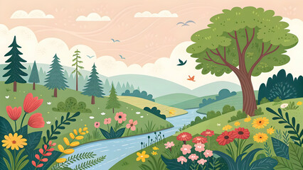 "Rural Village Nature Illustration – Countryside Landscape, Traditional Houses and Green Fields Vector"