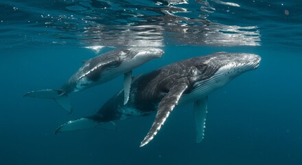 Fototapeta premium Humpback whale mother and calf swimming together in clear blue ocean waters close to the surface showcasing their underwater beauty