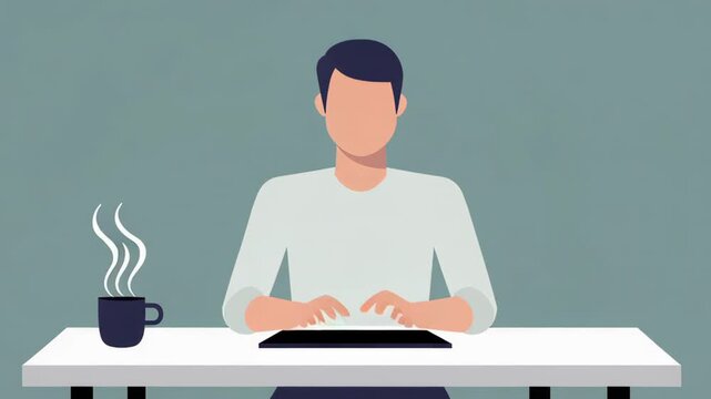 Illustration of person typing at desk with coffee cup on the side