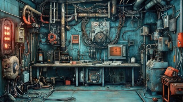 Cluttered steampunk workshop interior with vintage tech and machinery.