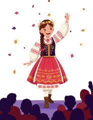 Fototapeta premium Girl in Traditional Dress Dancing on Stage with Confetti and Audience Vector Illustration 