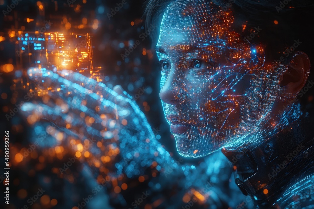 Poster digital representation of a human figure interacting with technology in a futuristic setting during 