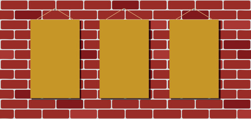 Mockup for Decorative Frames Hanging on a Red Brick Wall. Vector Illustration.