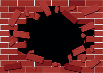 Red Brick Wall Being Broken with Hole - Vector Illustration, Removable Black Background for Transparency.