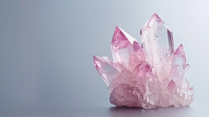 Close-up of a cluster of pink crystals on a light blue background.