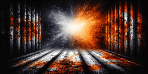 Abstract cosmic explosion in dark industrial corridor with glowing orange and white light, grungy textured walls and star particles