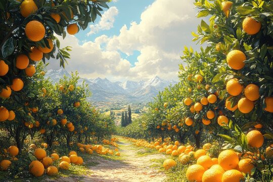 Colorful orange grove under bright blue sky with majestic mountains in the distance during sunny day