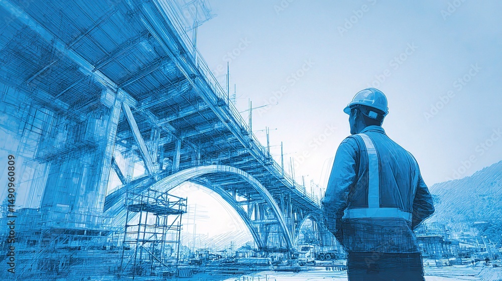 Poster construction manager observing bridge project development process