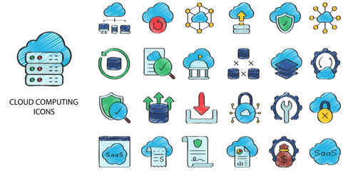 Cloud Computing simple concept 24 hand drawn color icons set .Vector illustration.