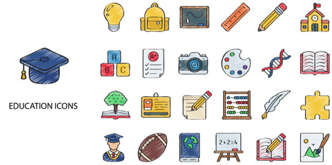 Education simple concept 24 hand drawn color icons set .Vector illustration.