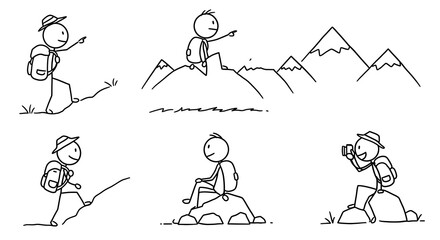 Stick Figure Hiking and Exploring in the Mountains Comic Style Illustration