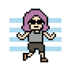 Pixel cartoon run exercise cute cartoon 8bit character woman lady run running jog cardio lifestyle decoration life style 8 bit female jog marathon exercise game 8 bit game vector.