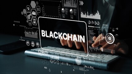 Business Professional Working with Blockchain Technology and Digital Data Visualization in a Modern Office Environment. Asymptotic smart data analytic.