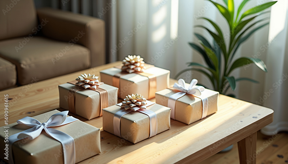 Poster a table with five brown boxes with white bows on them. the boxes are arranged in a row and are place