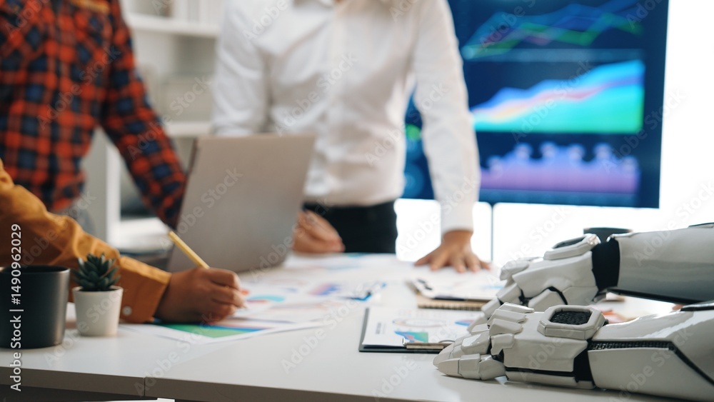 Poster a dynamic modern office scene highlighting collaboration between human workers and a robot. data ana