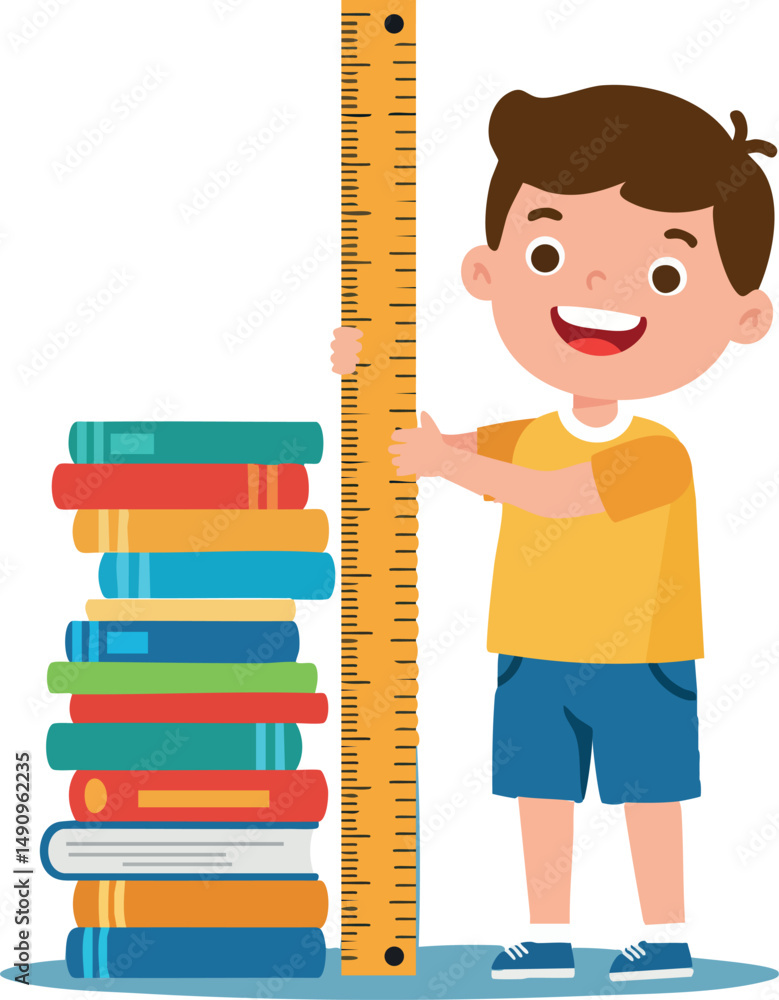 Poster boy measuring height with ruler next to colorful book stack in learning environment