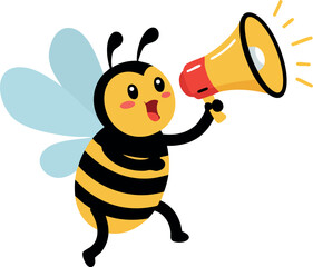 Cute bee holding megaphone cartoon vector illustration with yellow and black stripes 