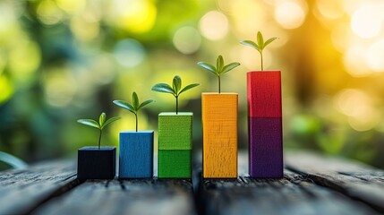 Saplings Growing from Colorful Wooden Blocks Forming Increasing Bar Graph on Wood
