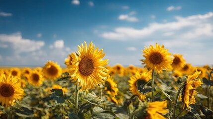 Obraz premium Vibrant Field of Sunflowers Under Blue Sky