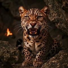 Fototapeta premium Close up of a snarling leopard with yellow eyes and visible teeth in a rocky environment with fire