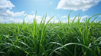 Fototapeta premium Lush field of vibrant green blades under a clear azure sky creating serenity