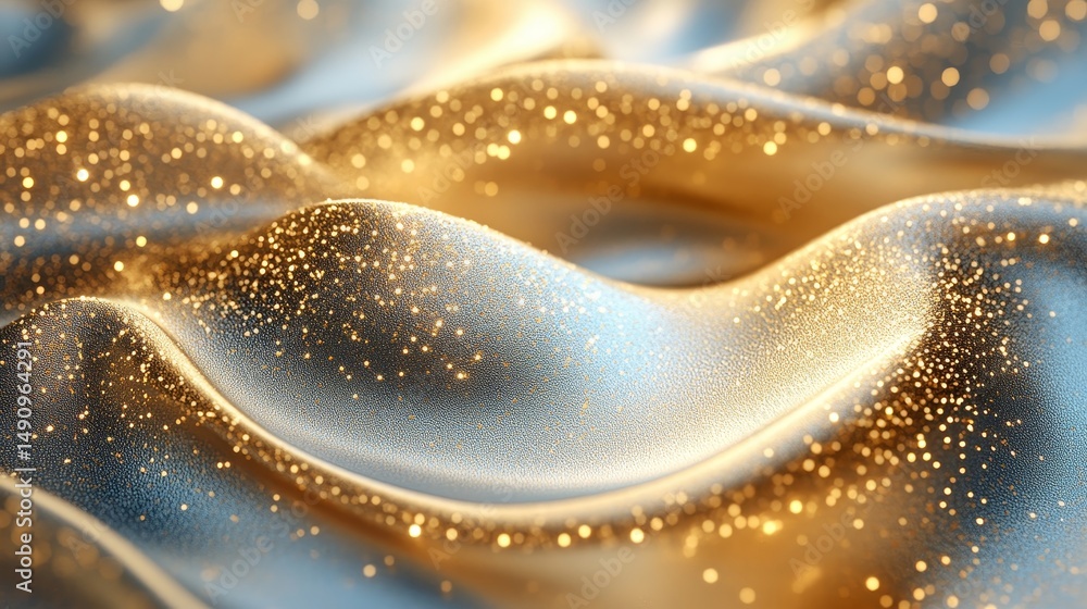 Poster abstract fluid forms with golden speckles and subtle light.