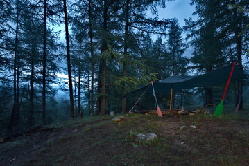 Russia. The Republic of Buryatia. Cool twilight dawn on the mountain river Tissa, a left tributary...