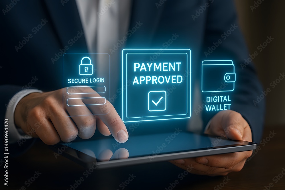 Poster a professional interacts with a glowing holographic interface displaying payment confirmation and se