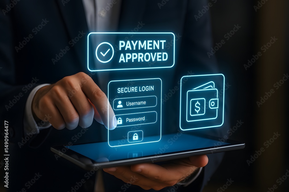 Poster hands operate a tablet with login fields and payment confirmation graphics floating above. concept o