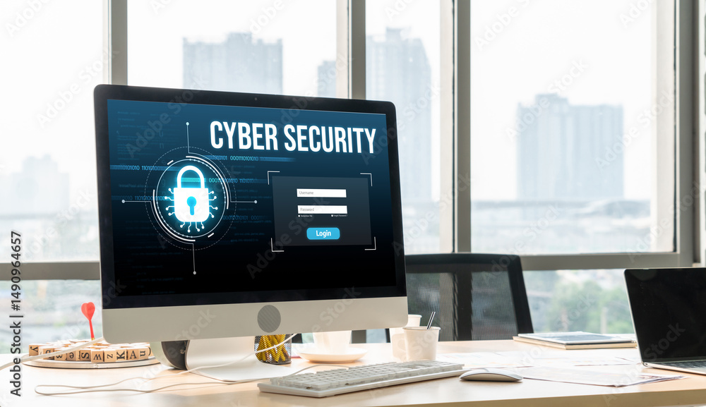 Poster cyber security system on computer screen protect private information snugly from hacker and cyber at