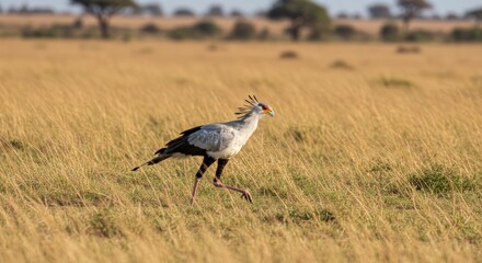 Obraz premium Elegant secretary bird strides confidently across the african savanna landscape