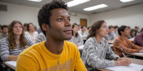 University classroom learning environment with focused students at desks