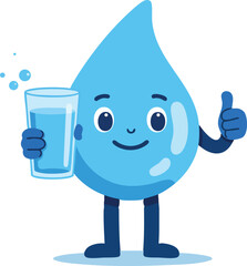 Fototapeta na wymiar Friendly water droplet character holding a glass of fresh water vector illustration 