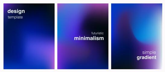 Modern vector posters with soft blue and purple gradients highlight a minimalist, futuristic style. The smooth abstract backgrounds embody the current popular trend of digital minimalism in design.