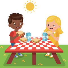 Fototapeta na wymiar Children Eating Sandwiches and Drinking Milk at Picnic Table Under Sunny Sky Vector Illustration 