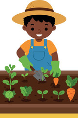 Child Gardening Planting Carrots and Greens in Soil Vector Illustration 