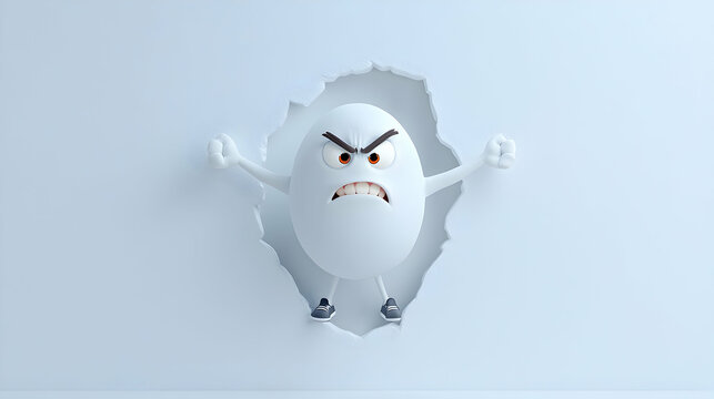 Angry Cartoon Egg Breaking Through White Wall